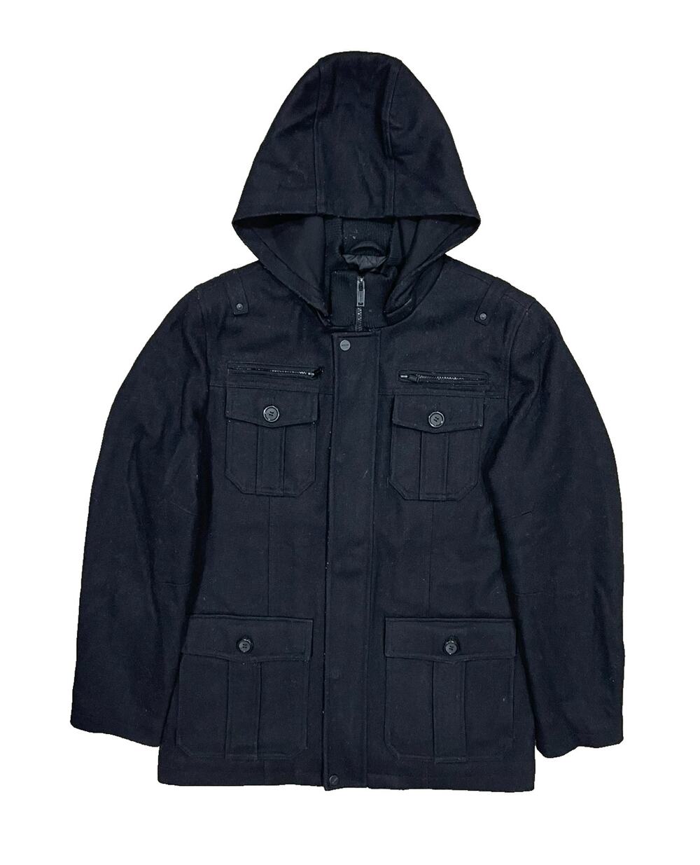Guess Jacket Mens Size M Wool Blend Hooded Utility Coat Military Overcoat Black